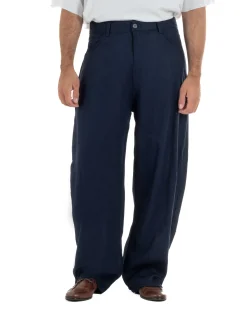 Pantaloni uomo lino baggy fit cinque tasche blu GIOSAL-P6501A