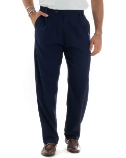 Pantaloni Uomo Lino Baggy Lungo Abbottonatura Allungata Tasche America Pinces Elastico Sul Retro Casual Tinta Unita Blu GIOSAL-P6110A