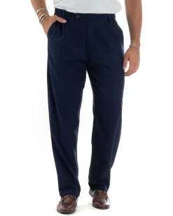 Pantaloni Uomo Lino Baggy Lungo Abbottonatura Allungata Tasche America Pinces Elastico Sul Retro Casual Tinta Unita Blu GIOSAL-P6110A