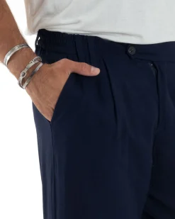 Pantaloni Uomo Lino Baggy Lungo Abbottonatura Allungata Tasche America Pinces Elastico Sul Retro Casual Tinta Unita Blu GIOSAL-P6110A