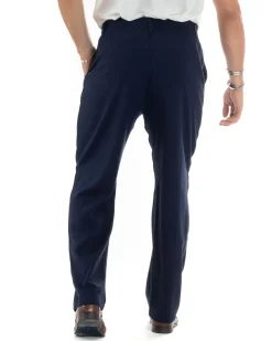 Pantaloni Uomo Lino Baggy Lungo Abbottonatura Allungata Tasche America Pinces Elastico Sul Retro Casual Tinta Unita Blu GIOSAL-P6110A