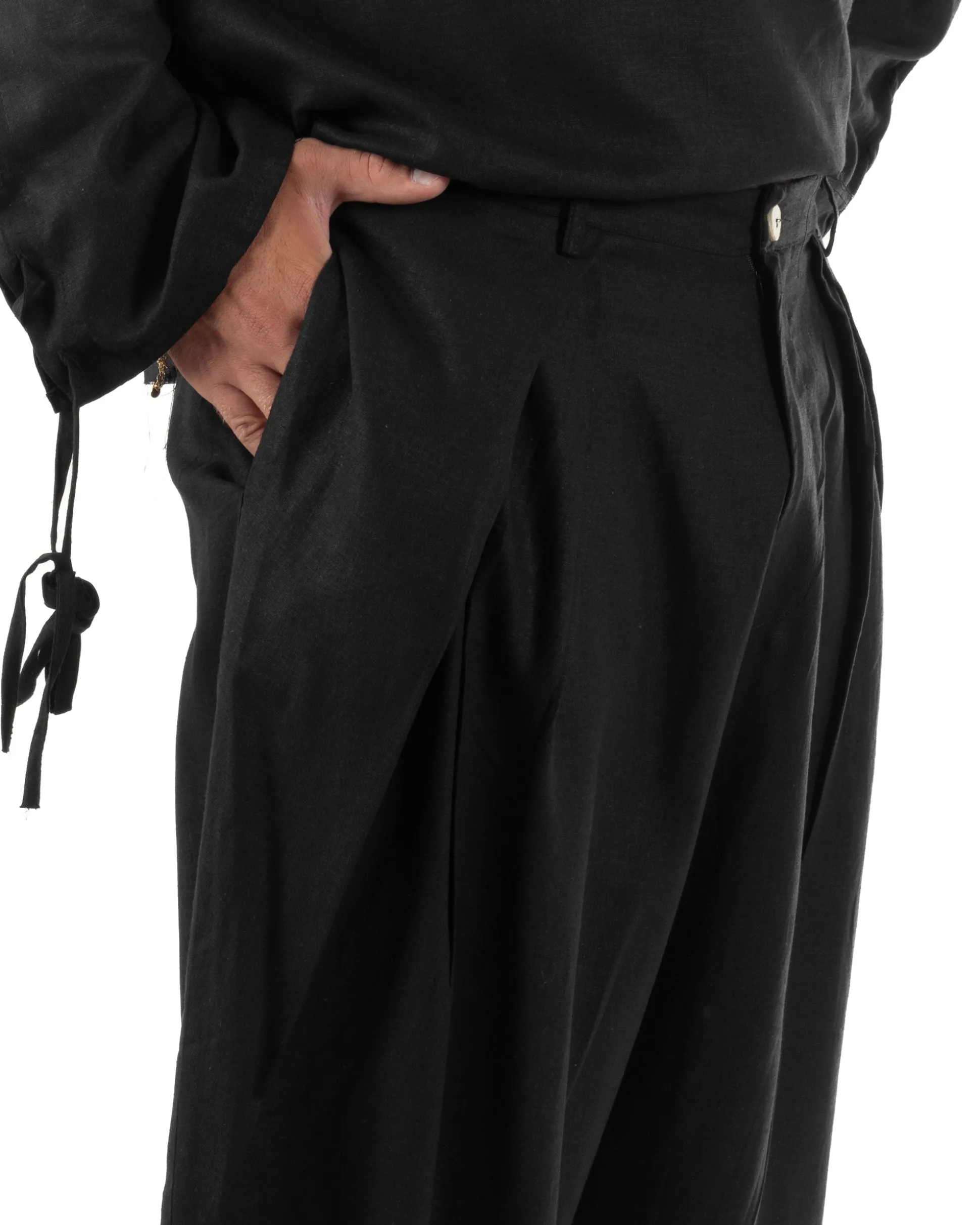 Pantaloni uomo lino baggy wide fit pinces estivo nero GIOSAL-P6519A