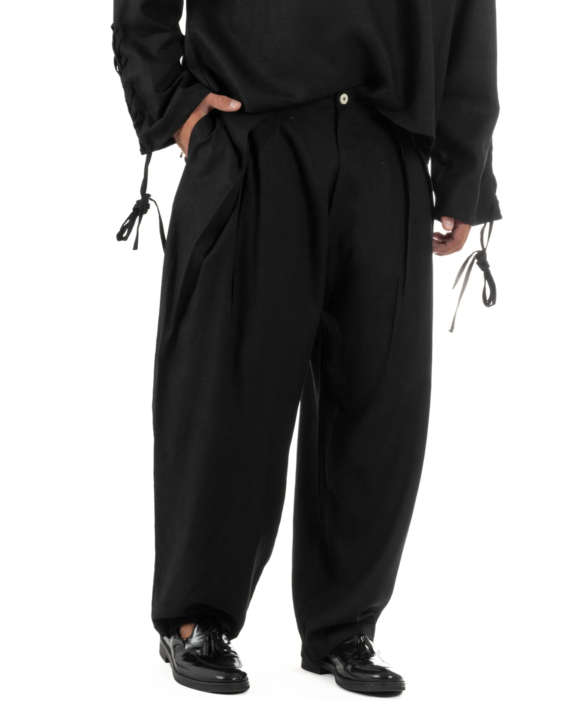 Pantaloni uomo lino baggy wide fit pinces estivo nero GIOSAL-P6519A