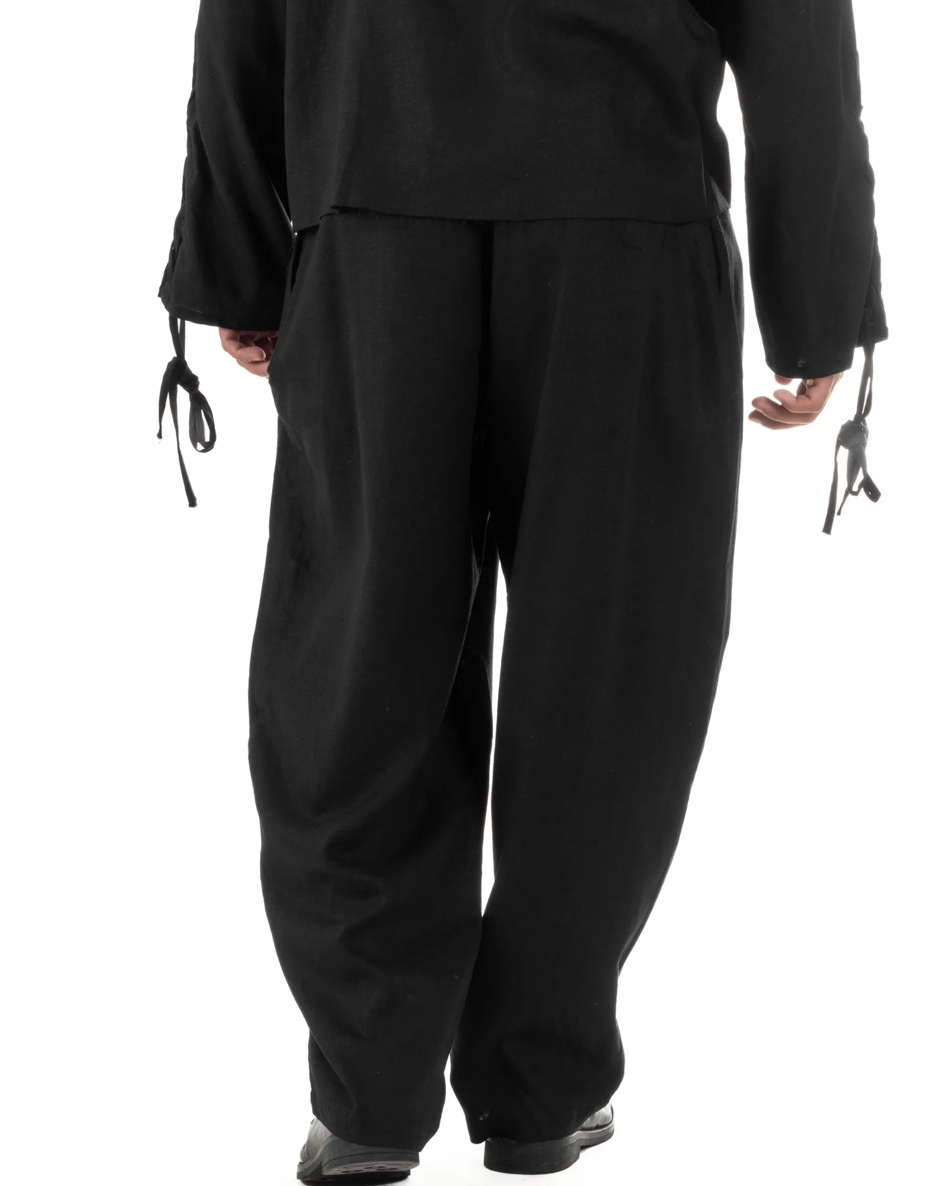 Pantaloni uomo lino baggy wide fit pinces estivo nero GIOSAL-P6519A