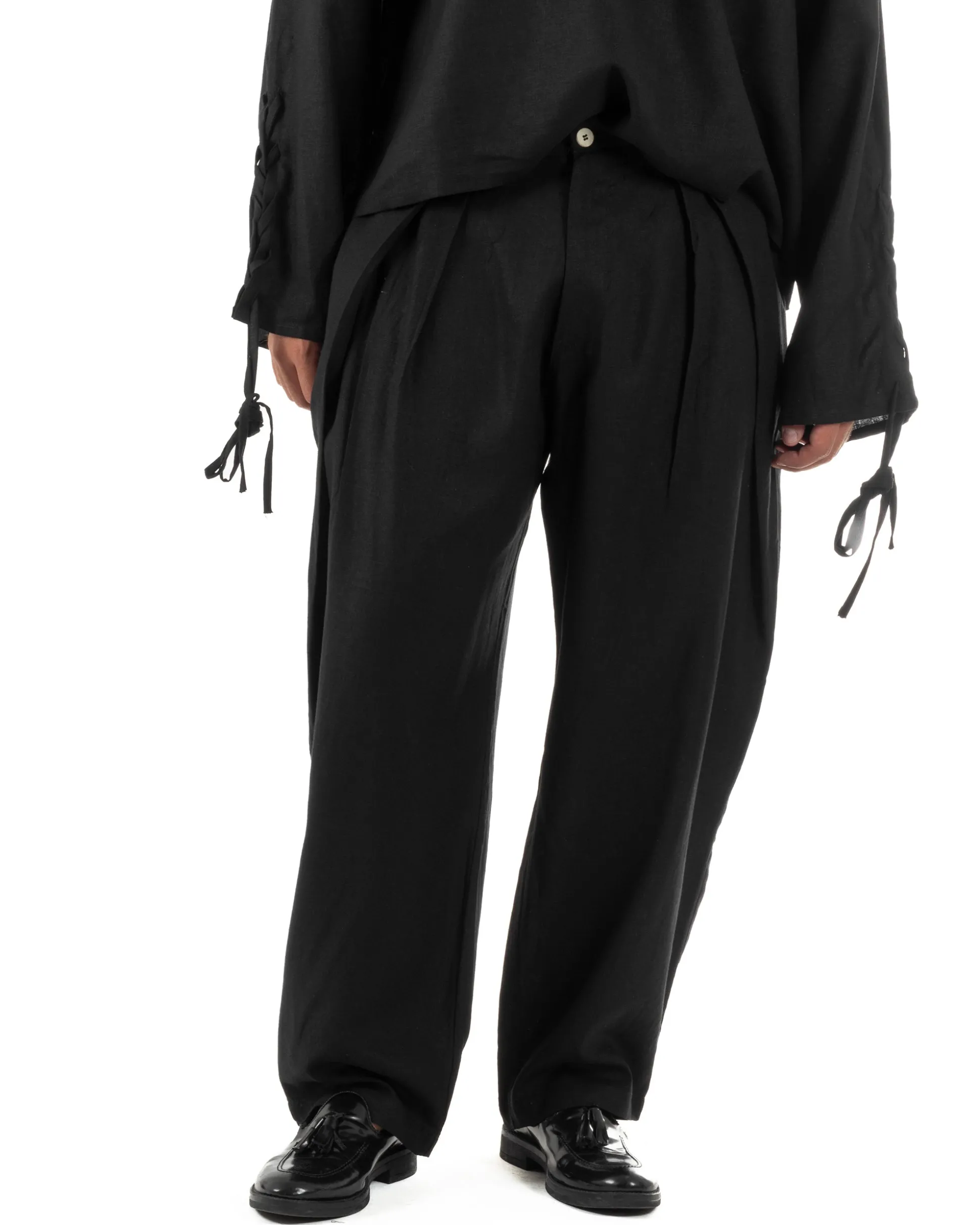 Pantaloni uomo lino baggy wide fit pinces estivo nero GIOSAL-P6519A