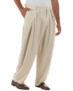 Pantaloni uomo lino baggy wide fit pinces estivo beige GIOSAL-P6521A