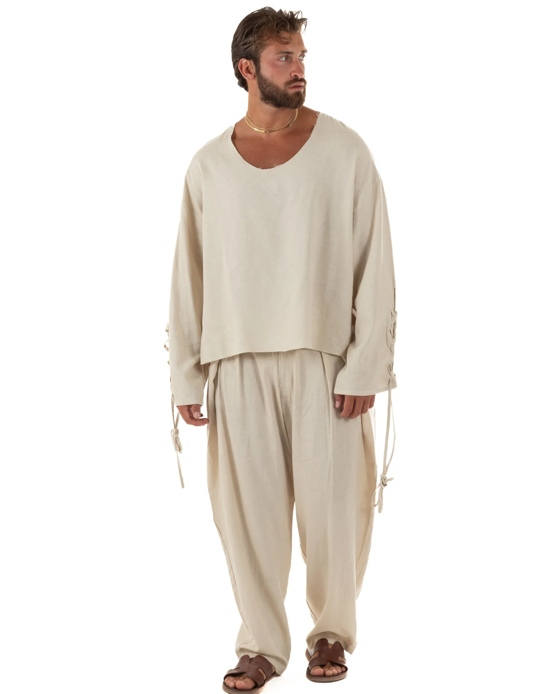 Pantaloni uomo lino baggy wide fit pinces estivo beige GIOSAL-P6521A