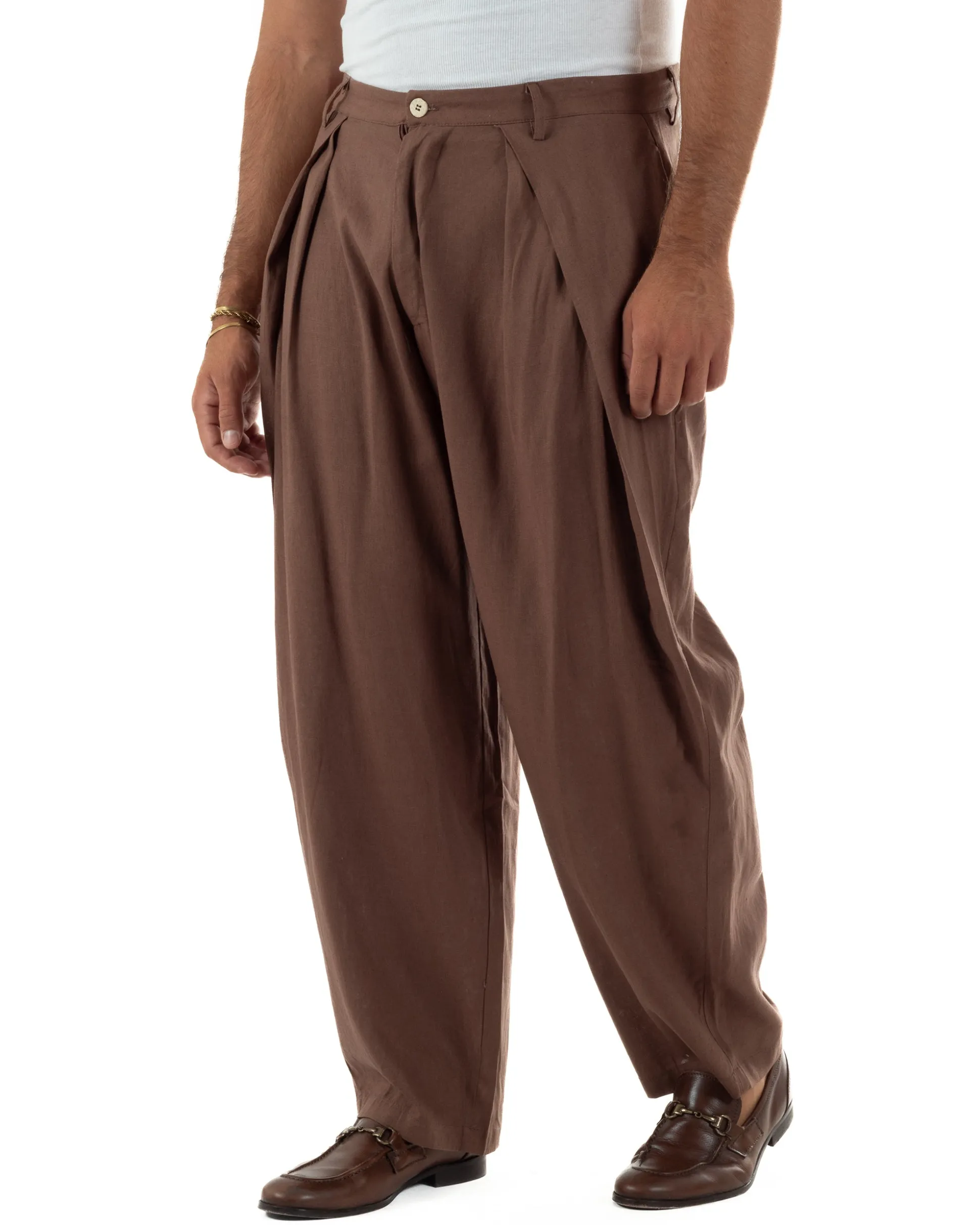 Pantaloni uomo lino baggy wide fit pinces estivo marrone GIOSAL-P6520A