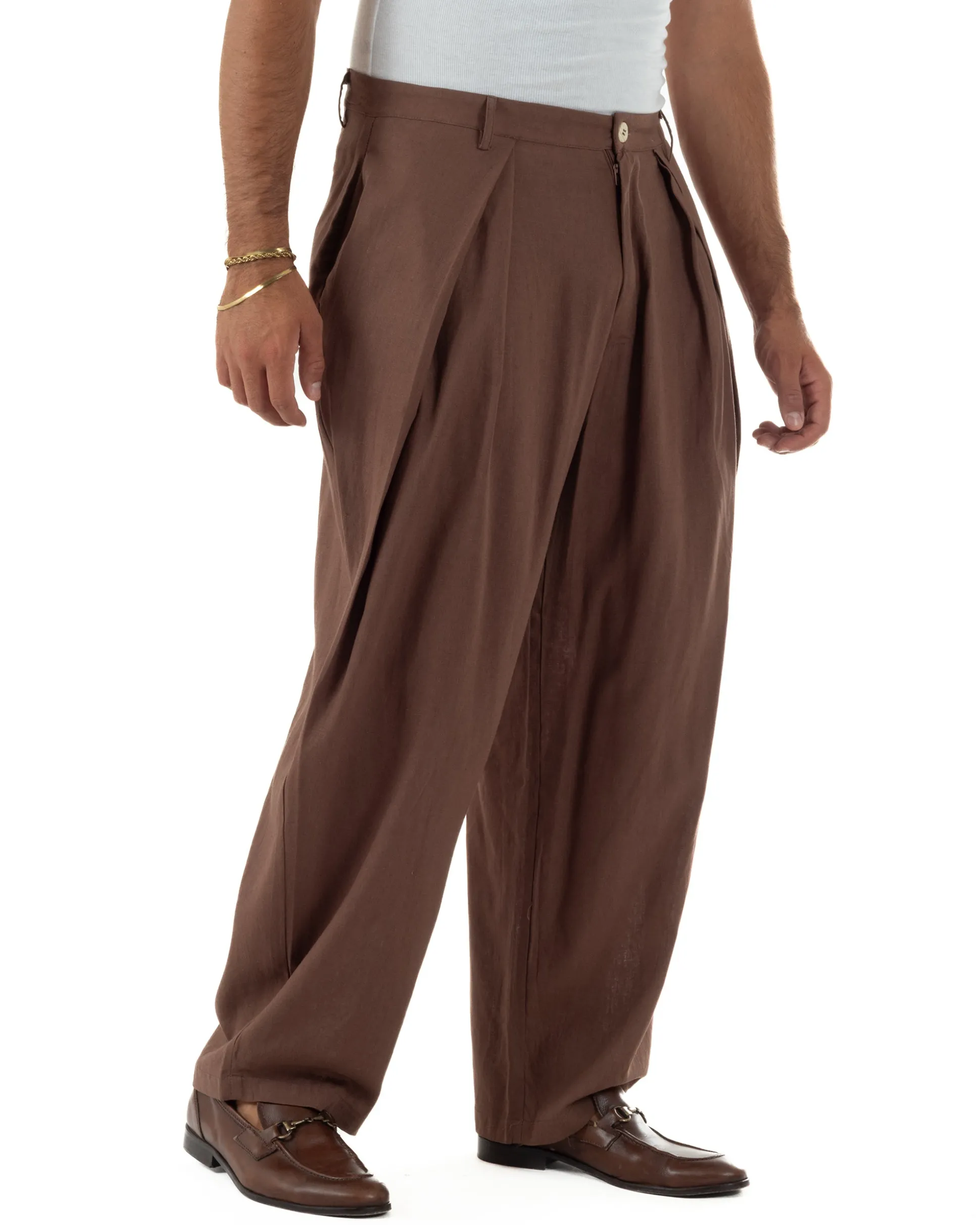 Pantaloni uomo lino baggy wide fit pinces estivo marrone GIOSAL-P6520A