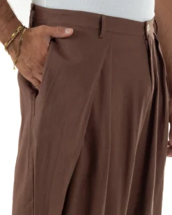 Pantaloni uomo lino baggy wide fit pinces estivo marrone GIOSAL-P6520A