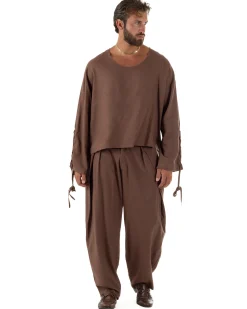 Pantaloni uomo lino baggy wide fit pinces estivo marrone GIOSAL-P6520A