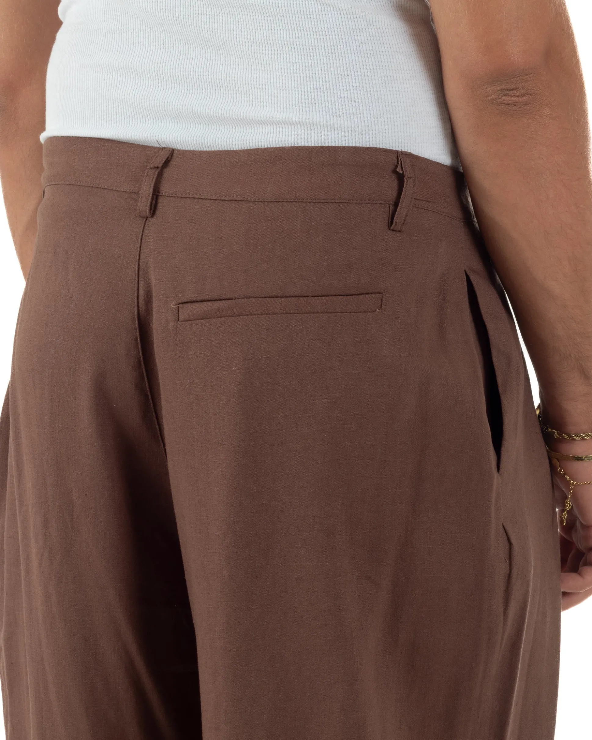 Pantaloni uomo lino baggy wide fit pinces estivo marrone GIOSAL-P6520A
