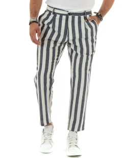 Pantaloni Uomo Lino Elegante Casual Con Catena Con Tasche America Con Elastico Sul Retro Rigato Bicolore Blu GIOSAL-P5880A