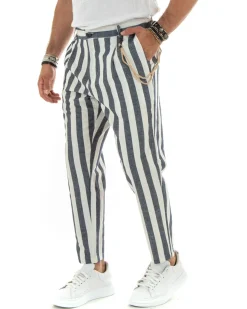 Pantaloni Uomo Lino Elegante Casual Con Catena Con Tasche America Con Elastico Sul Retro Rigato Bicolore Blu GIOSAL-P5880A