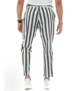 Pantaloni Uomo Lino Elegante Casual Con Catena Con Tasche America Con Elastico Sul Retro Rigato Bicolore Blu GIOSAL-P5880A