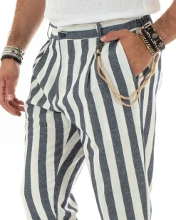 Pantaloni Uomo Lino Elegante Casual Con Catena Con Tasche America Con Elastico Sul Retro Rigato Bicolore Blu GIOSAL-P5880A