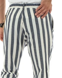Pantaloni Uomo Lino Elegante Casual Con Catena Con Tasche America Con Elastico Sul Retro Rigato Bicolore Blu GIOSAL-P5880A
