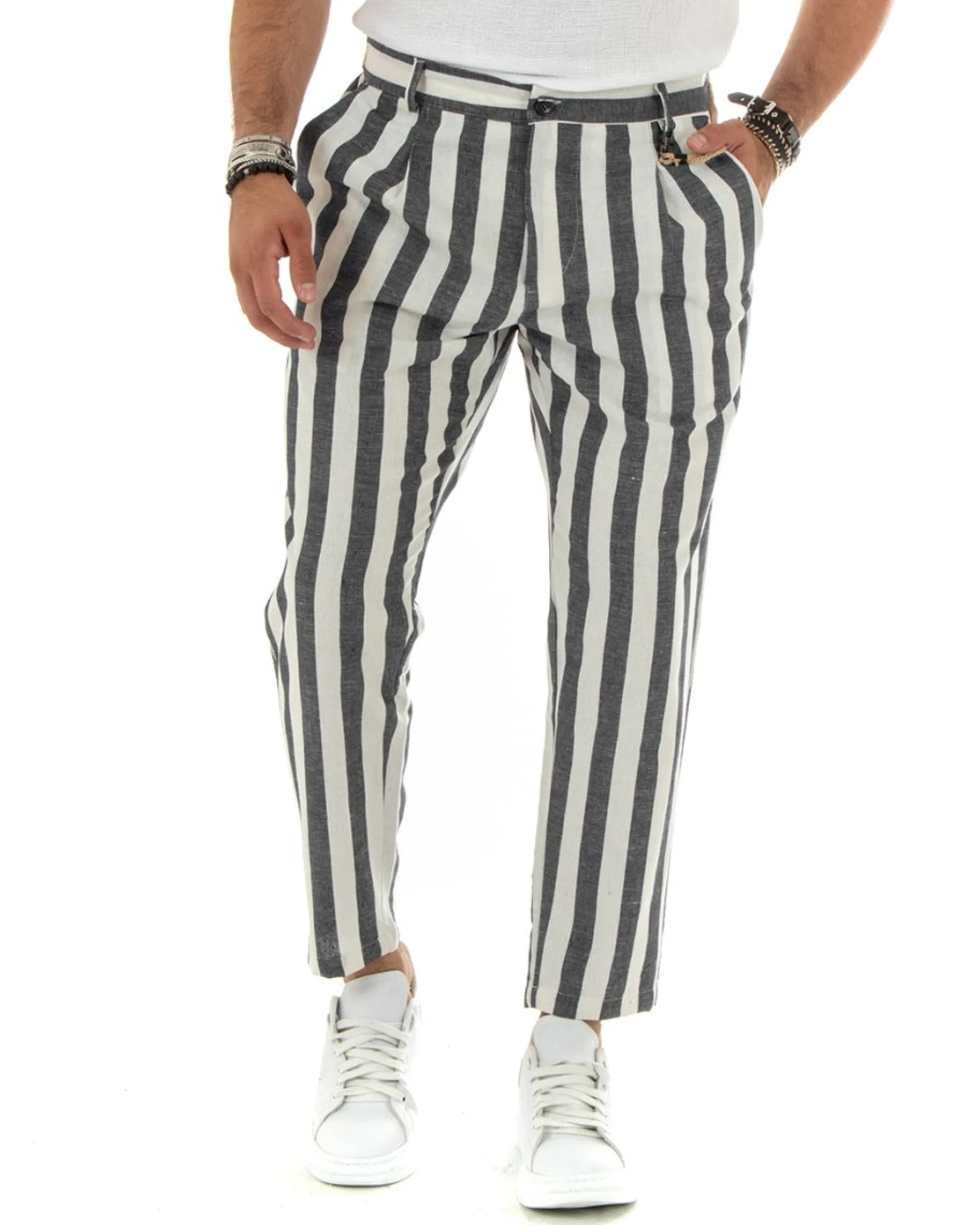 Pantaloni Uomo Lino Elegante Casual Con Catena Con Tasche America Con Elastico Sul Retro Rigato Bicolore Nero GIOSAL-P5882A