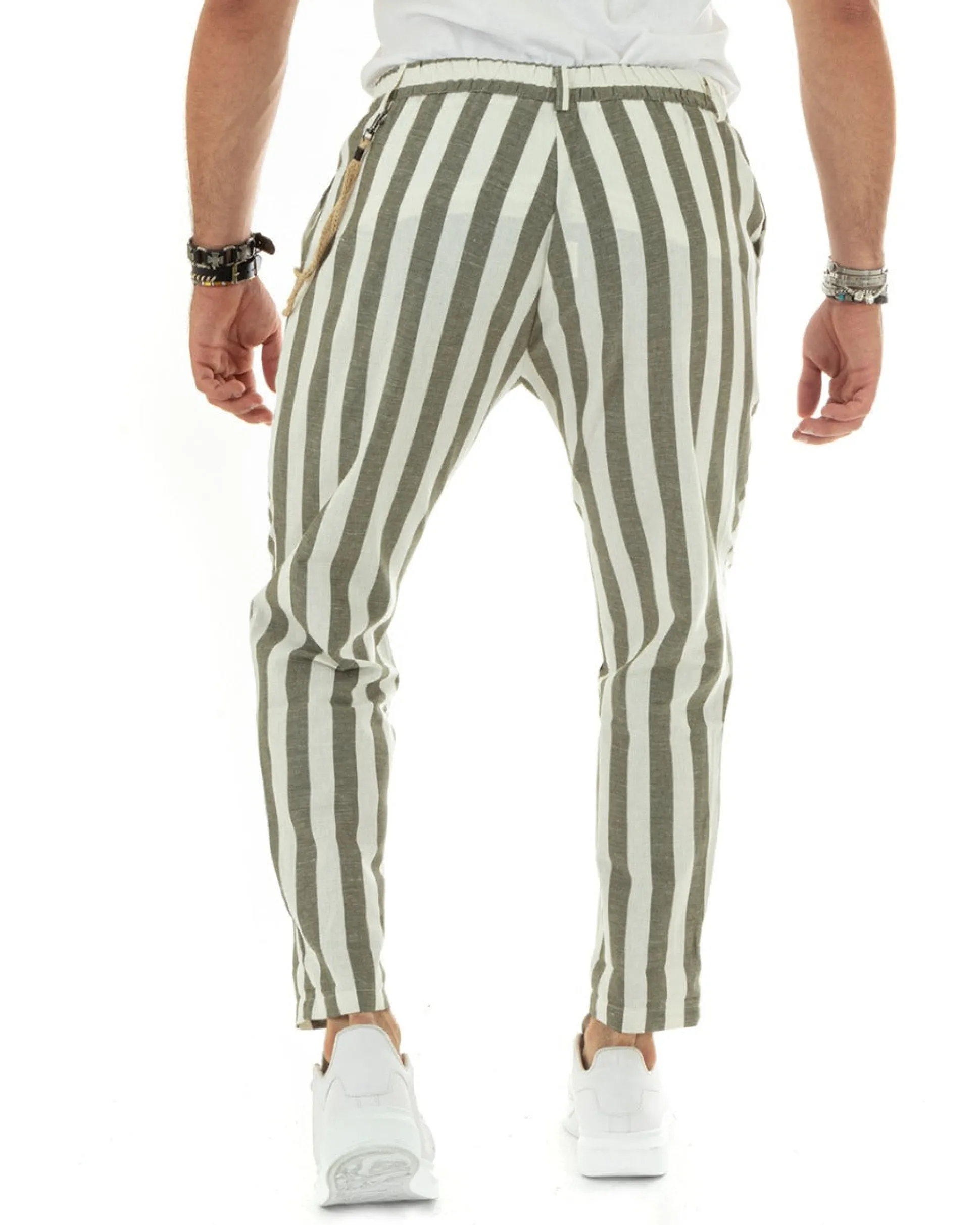 Pantaloni Uomo Lino Elegante Casual Con Catena Con Tasche America Con Elastico Sul Retro Rigato Bicolore Verde GIOSAL-P5881A