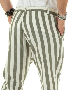 Pantaloni Uomo Lino Elegante Casual Con Catena Con Tasche America Con Elastico Sul Retro Rigato Bicolore Verde GIOSAL-P5881A