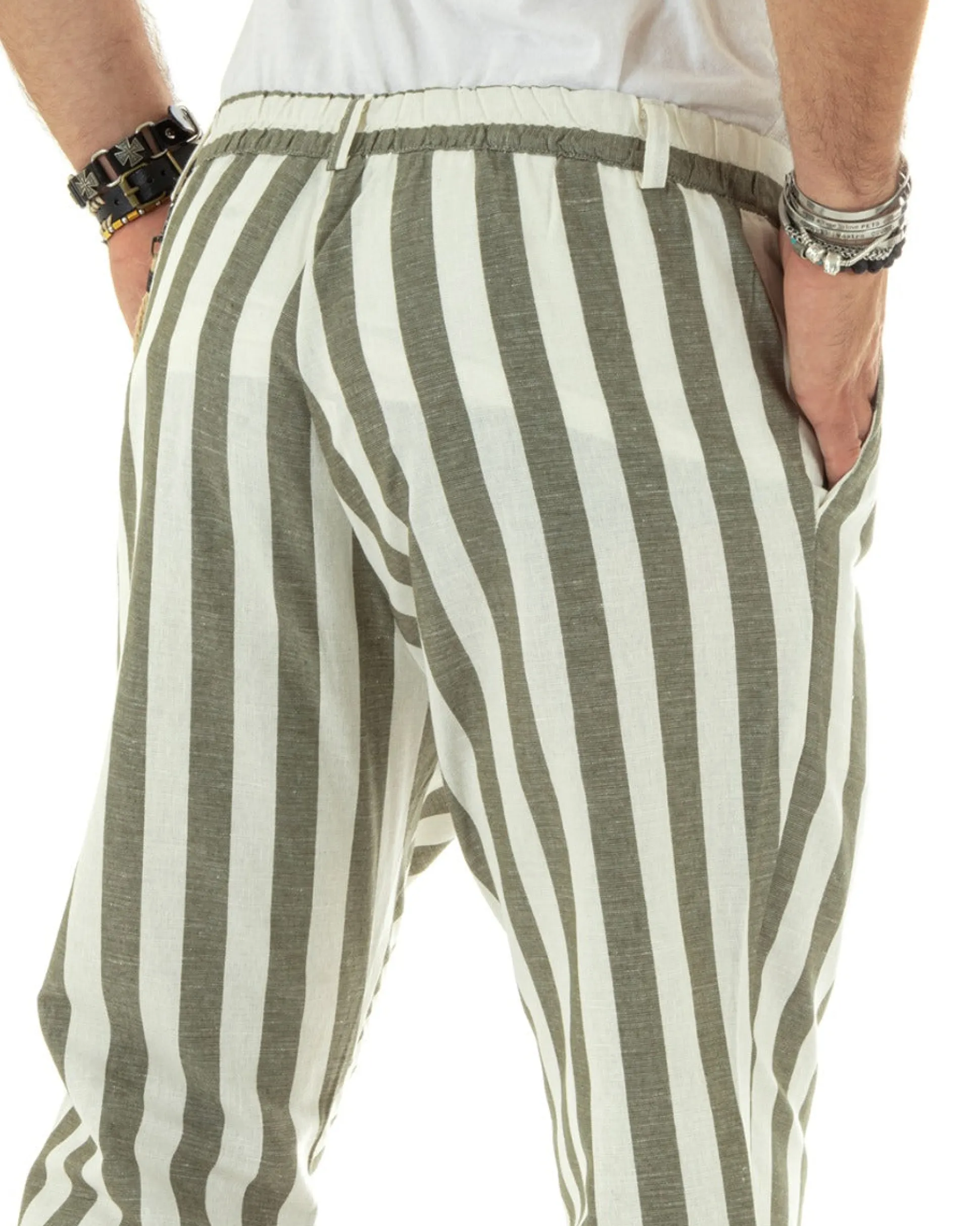 Pantaloni Uomo Lino Elegante Casual Con Catena Con Tasche America Con Elastico Sul Retro Rigato Bicolore Verde GIOSAL-P5881A