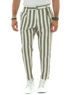 Pantaloni Uomo Lino Elegante Casual Con Catena Con Tasche America Con Elastico Sul Retro Rigato Bicolore Verde GIOSAL-P5881A