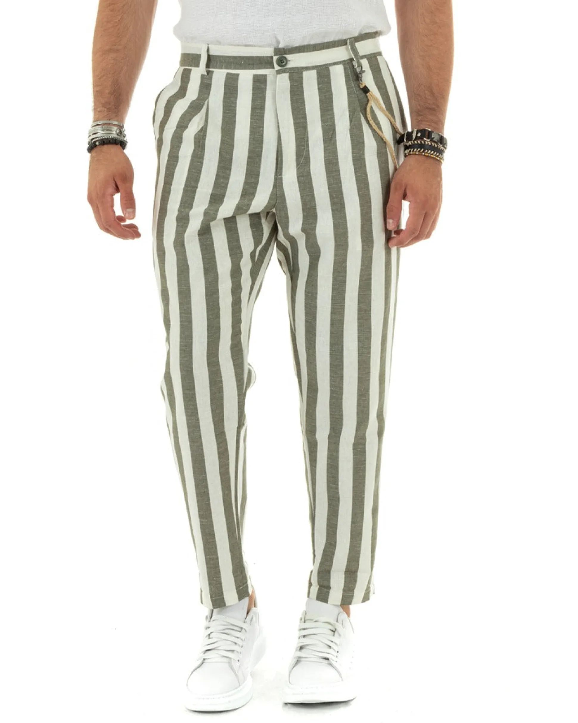 Pantaloni Uomo Lino Elegante Casual Con Catena Con Tasche America Con Elastico Sul Retro Rigato Bicolore Verde GIOSAL-P5881A