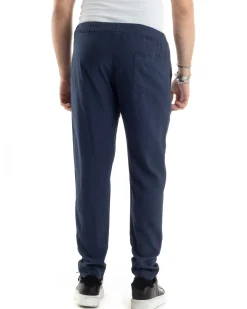 Pantaloni Uomo Lino Pantalaccio Elastico Morbido Basic Regular Fit Blu P6099A