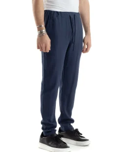 Pantaloni Uomo Lino Pantalaccio Elastico Morbido Basic Regular Fit Blu P6099A