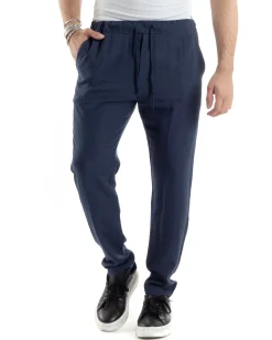 Pantaloni Uomo Lino Pantalaccio Elastico Morbido Basic Regular Fit Blu P6099A