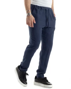 Pantaloni Uomo Lino Pantalaccio Elastico Morbido Basic Regular Fit Blu P6099A