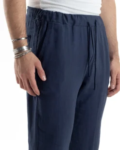 Pantaloni Uomo Lino Pantalaccio Elastico Morbido Basic Regular Fit Blu P6099A