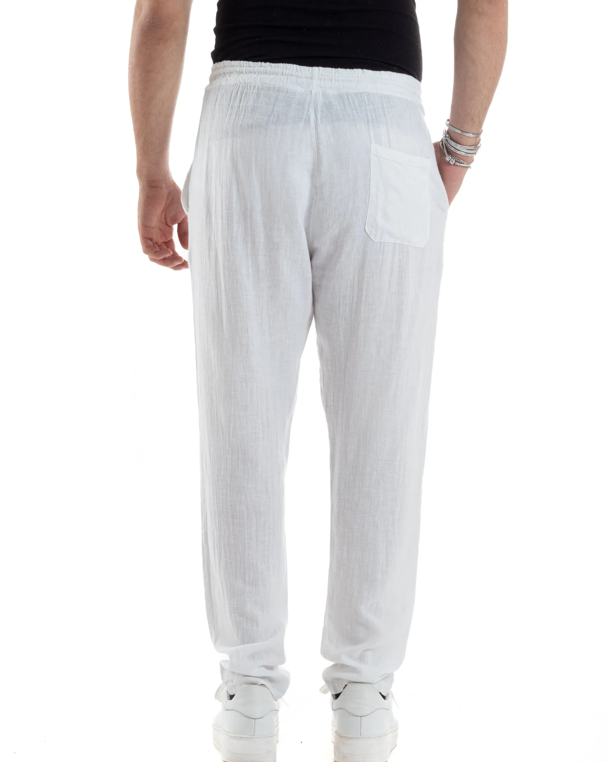Pantaloni Uomo Lino Pantalaccio Elastico Morbido Basic Regular Fit Bianco P6095A