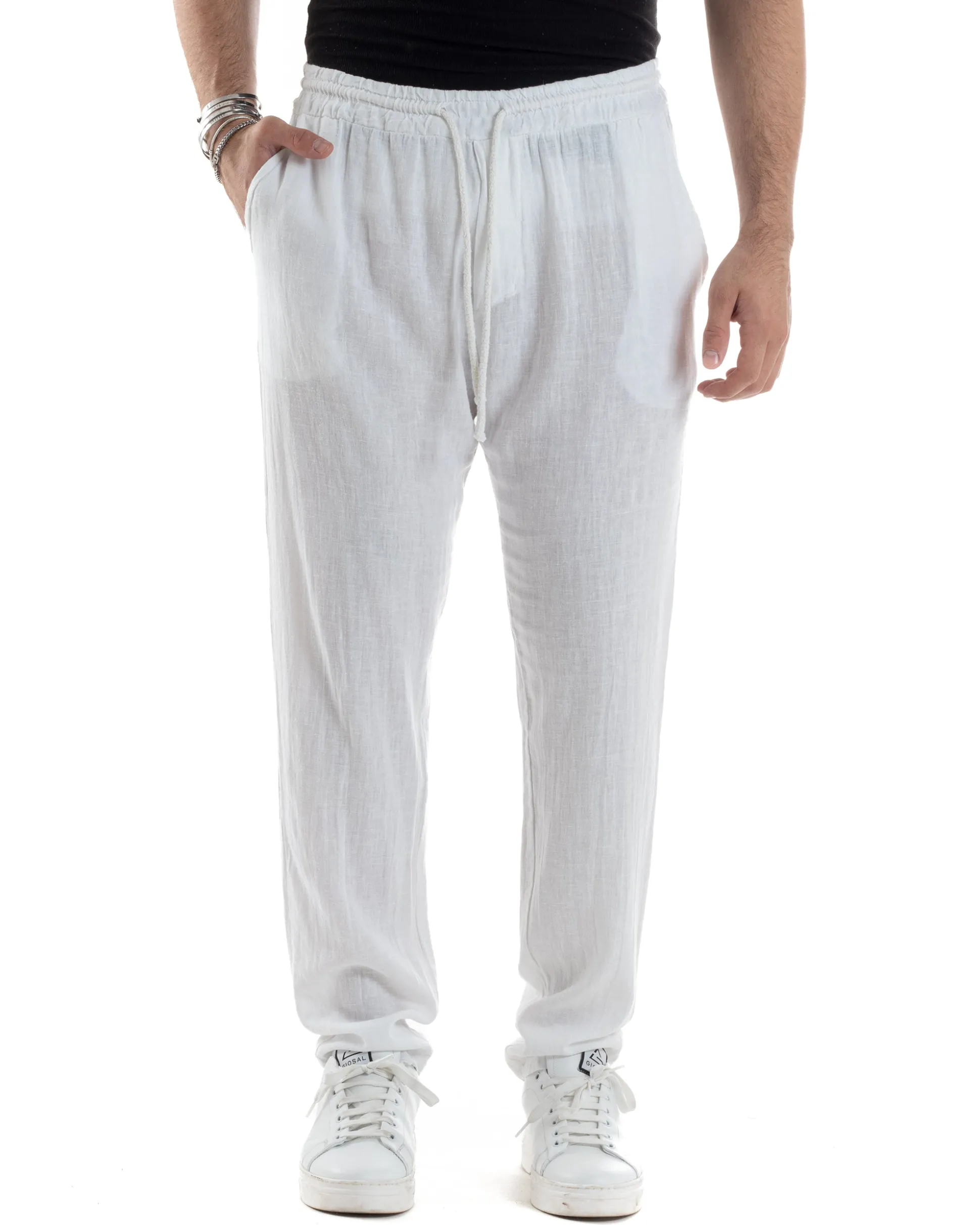 Pantaloni Uomo Lino Pantalaccio Elastico Morbido Basic Regular Fit Bianco P6095A