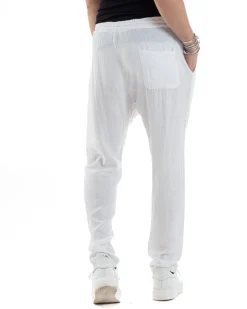 Pantaloni Uomo Lino Pantalaccio Elastico Morbido Basic Regular Fit Bianco P6095A