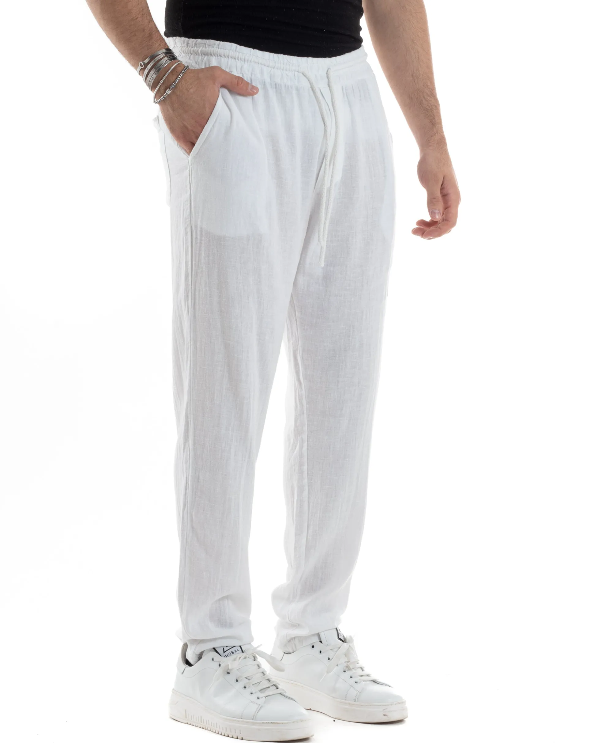Pantaloni Uomo Lino Pantalaccio Elastico Morbido Basic Regular Fit Bianco P6095A