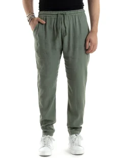 Pantaloni Uomo Lino Pantalaccio Elastico Morbido Basic Regular Fit Verde P6097A