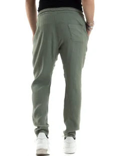 Pantaloni Uomo Lino Pantalaccio Elastico Morbido Basic Regular Fit Verde P6097A