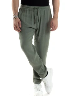 Pantaloni Uomo Lino Pantalaccio Elastico Morbido Basic Regular Fit Verde P6097A