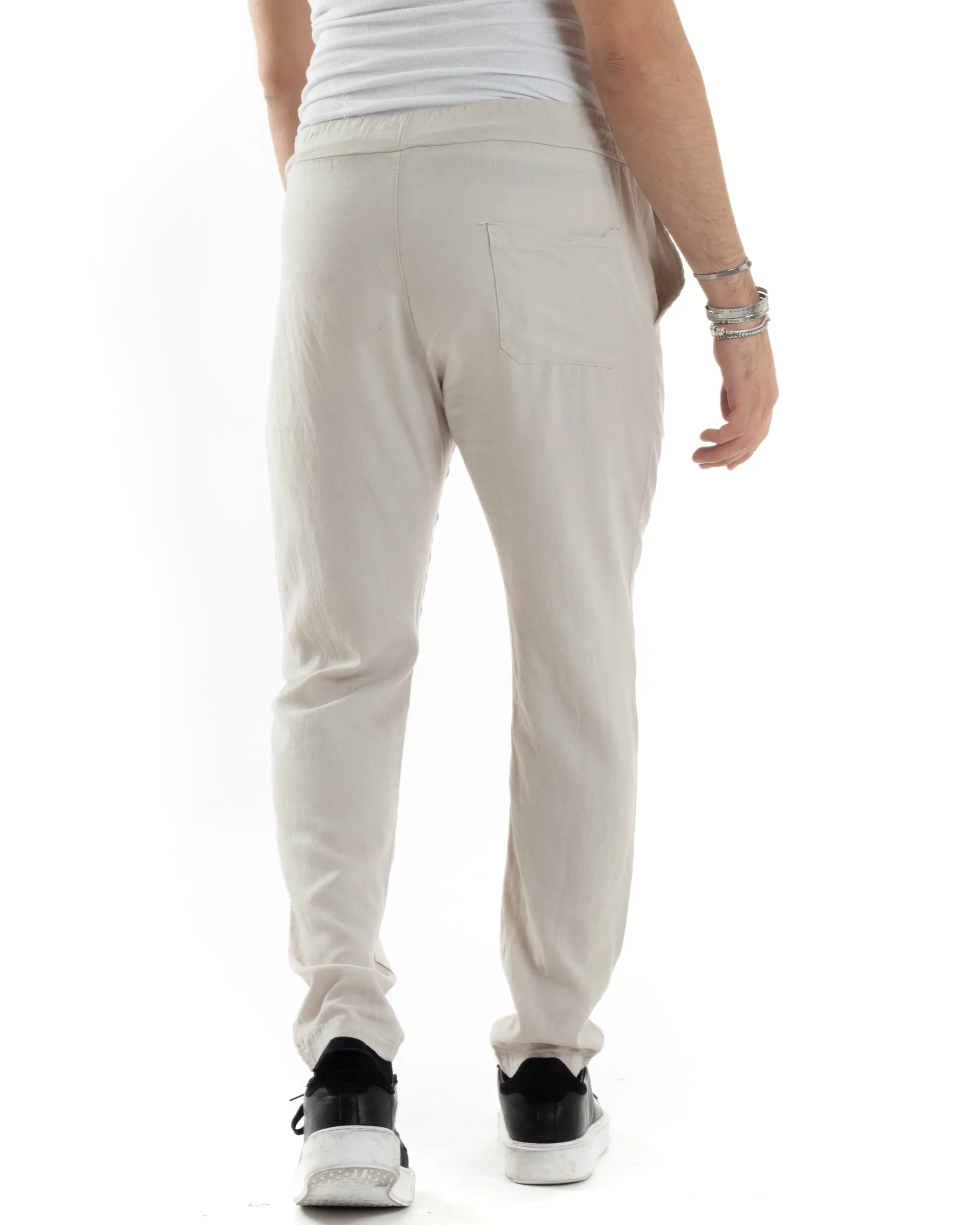 Pantaloni Uomo Lino Pantalaccio Elastico Morbido Basic Regular Fit Beige P6098A