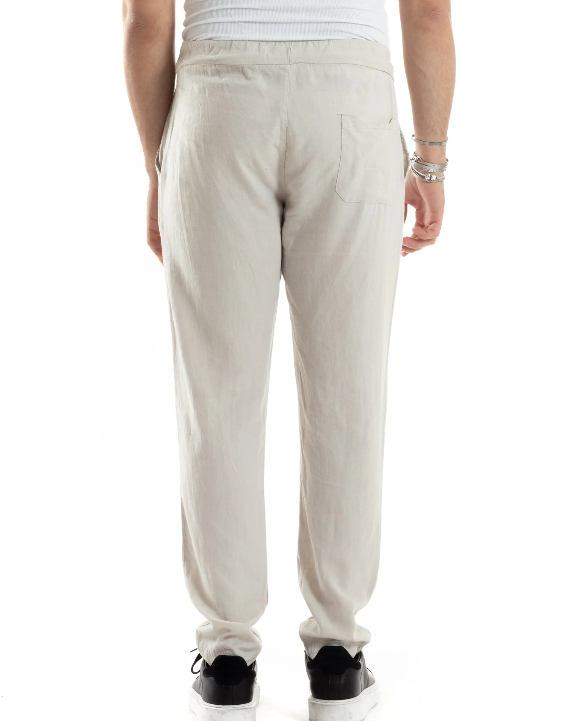Pantaloni Uomo Lino Pantalaccio Elastico Morbido Basic Regular Fit Beige P6098A
