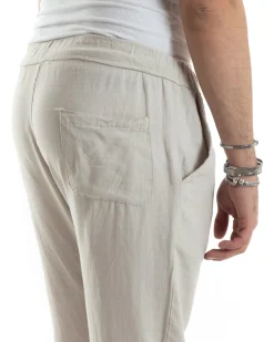 Pantaloni Uomo Lino Pantalaccio Elastico Morbido Basic Regular Fit Beige P6098A