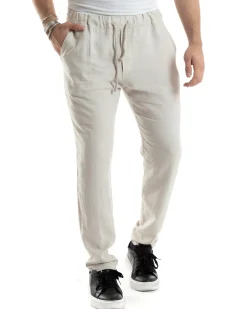 Pantaloni Uomo Lino Pantalaccio Elastico Morbido Basic Regular Fit Beige P6098A