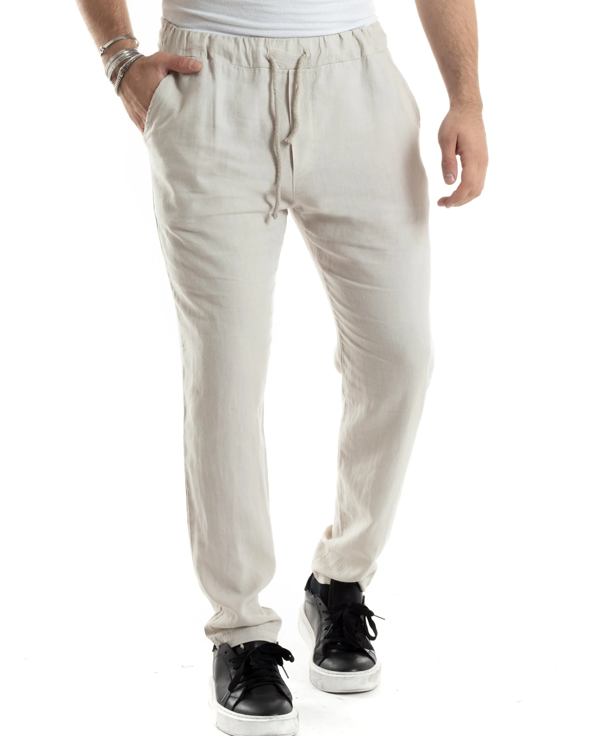 Pantaloni Uomo Lino Pantalaccio Elastico Morbido Basic Regular Fit Beige P6098A