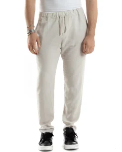Pantaloni Uomo Lino Pantalaccio Elastico Morbido Basic Regular Fit Beige P6098A