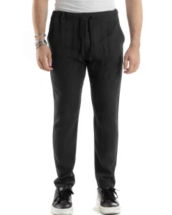 Pantaloni Uomo Lino Pantalaccio Elastico Morbido Basic Regular Fit Nero P6096A