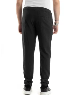 Pantaloni Uomo Lino Pantalaccio Elastico Morbido Basic Regular Fit Nero P6096A