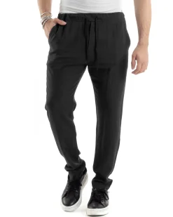 Pantaloni Uomo Lino Pantalaccio Elastico Morbido Basic Regular Fit Nero P6096A