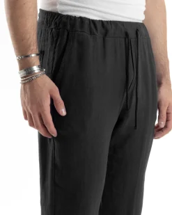 Pantaloni Uomo Lino Pantalaccio Elastico Morbido Basic Regular Fit Nero P6096A