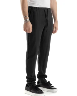 Pantaloni Uomo Lino Pantalaccio Elastico Morbido Basic Regular Fit Nero P6096A